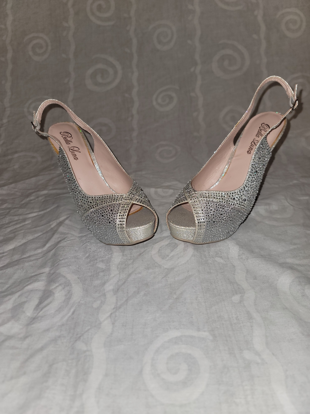 Bella Luna Silver Rhinestone Open-Toe Slingback Heels